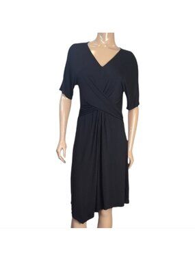💠Spense Faux Wrap V-Neck Cocktail Dress Black Asymmetric Short Sleeve Medium